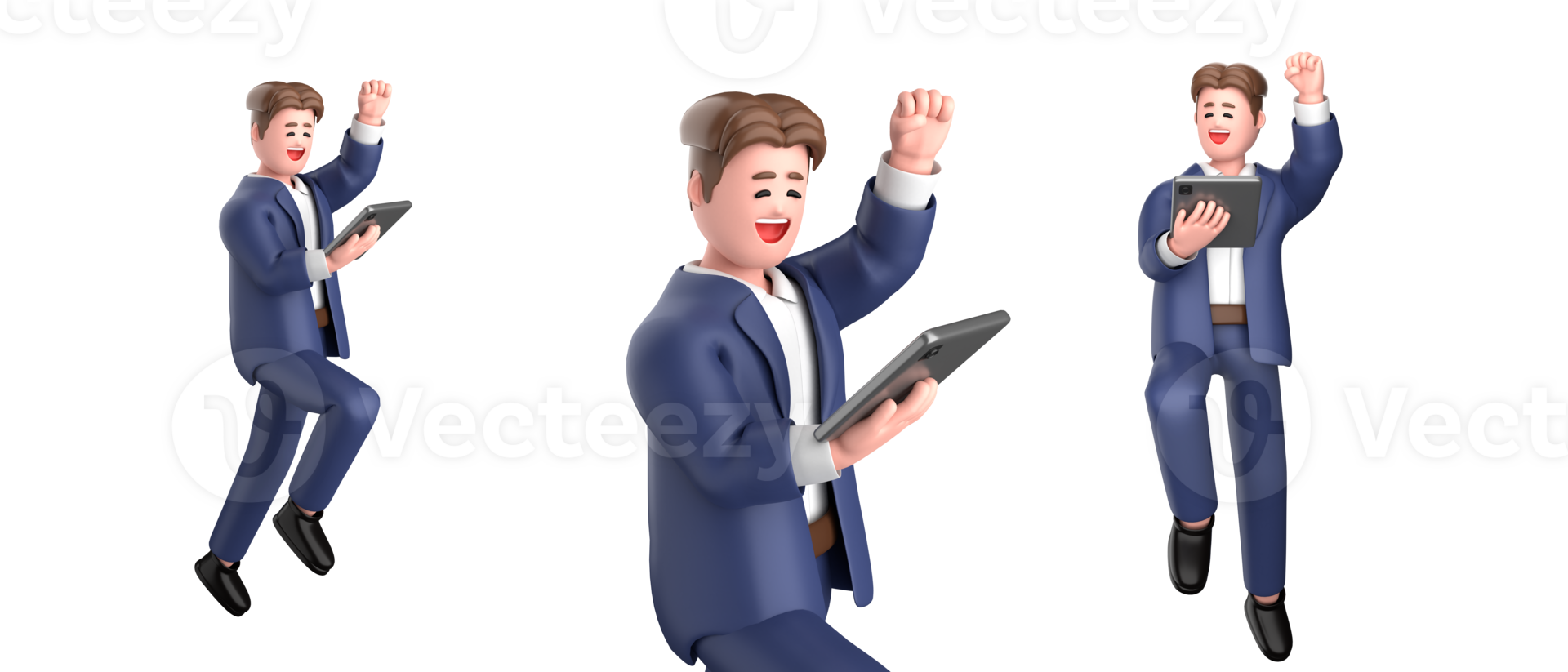 3d businessman executive  pose wearing suit standing holding tablet pointing advertising isolated on white background, 3d rendering png