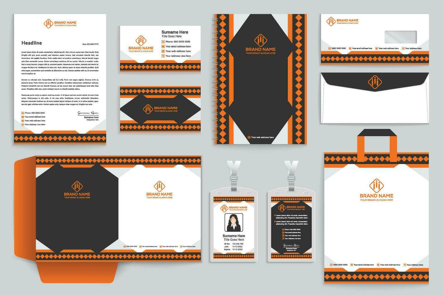 Corporate orange  and black color stationery design vector