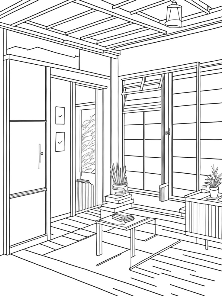 Traditional room of a Japanese house. a coloring book page on transparent background. png