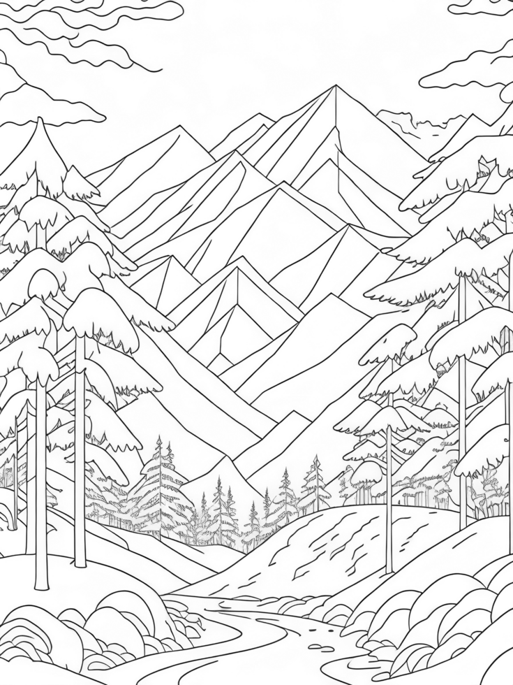 Mountains, and trees covered with snow. coloring book page on transparent background. png