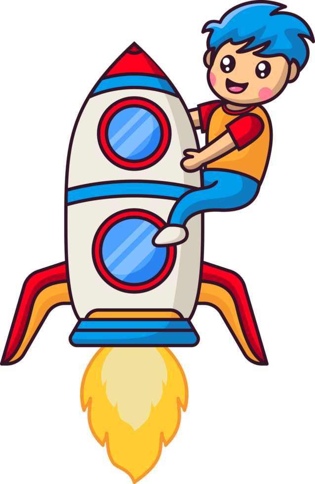 Happy Boy riding on a Rocket cartoon illustration png