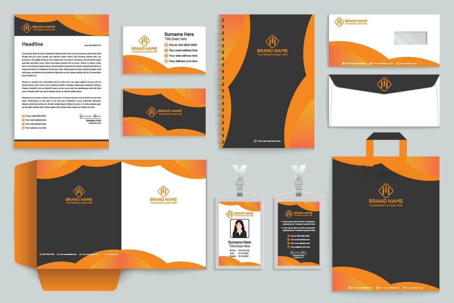 Corporate orange  and black color stationery design vector