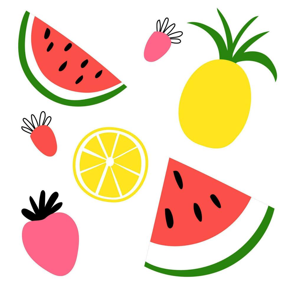 Pineapple, strawberry, watermelon and berries in different colors in flat style. Mini set of cute fruits and berries isolated on a white background. vector