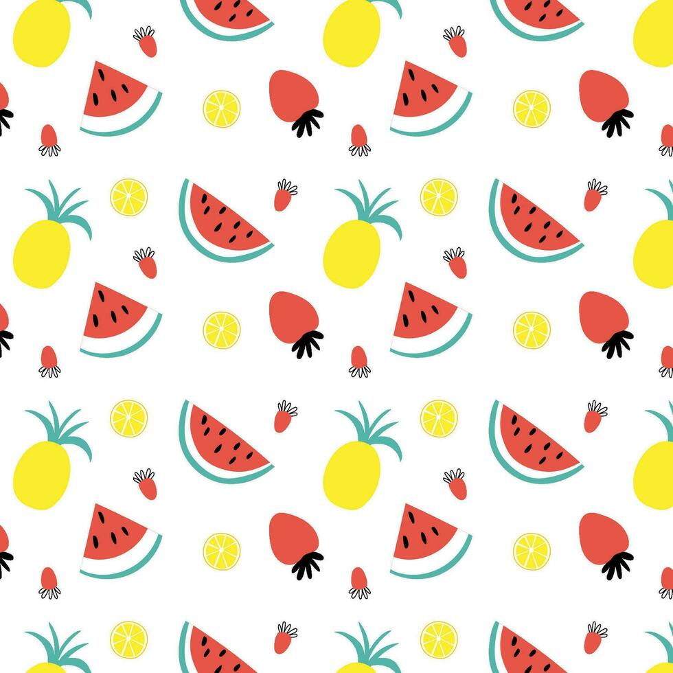 watermelon, pineapple and berries, a seamless pattern for merchandise, sketchbooks, notebooks and various designs. Fruit berry pattern, fruit background, watermelon berry mood. vector