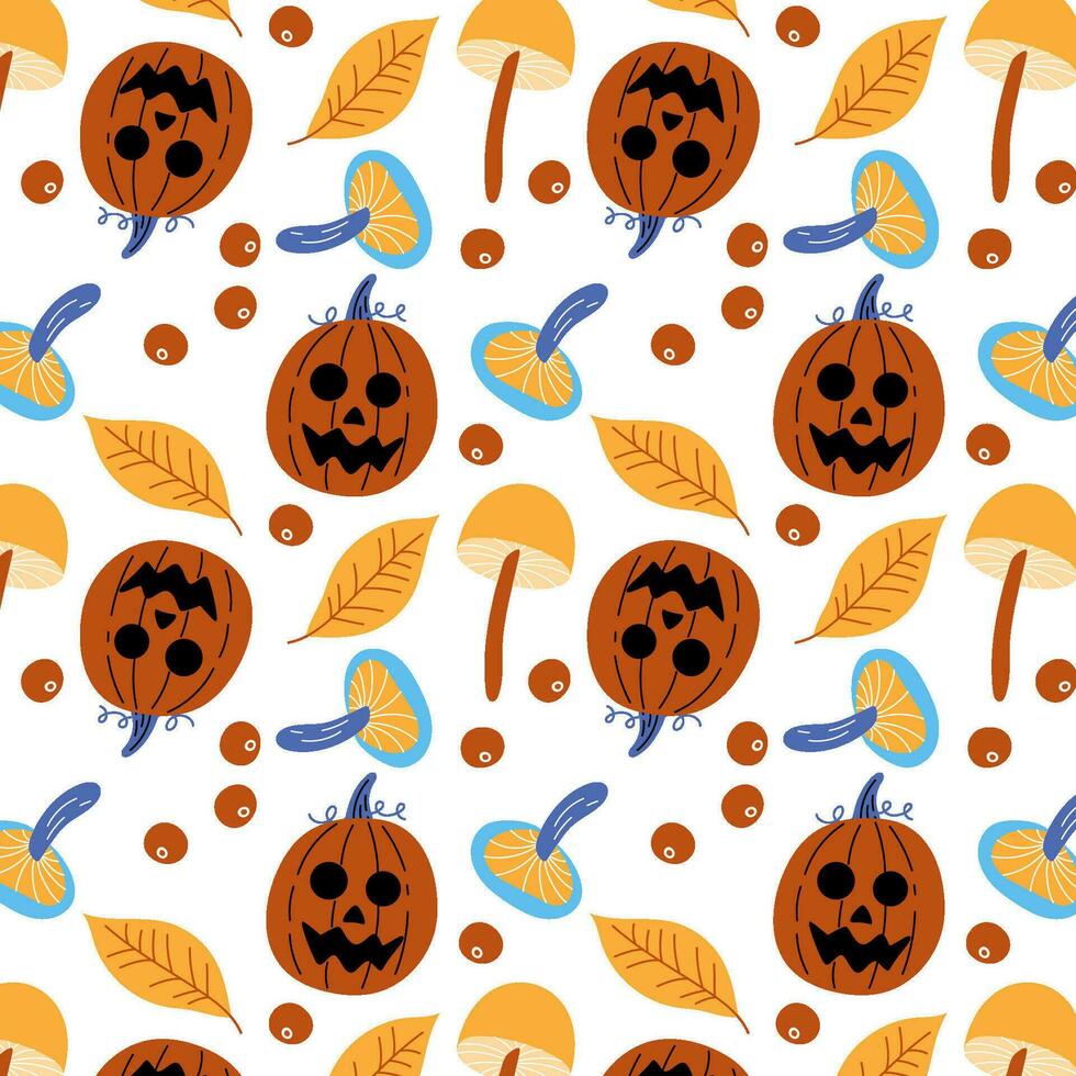 Background for textiles, decorative element for the autumn festival, Halloween party. Autumn pumpkin pattern with leaves and mushrooms, fun Halloween. vector