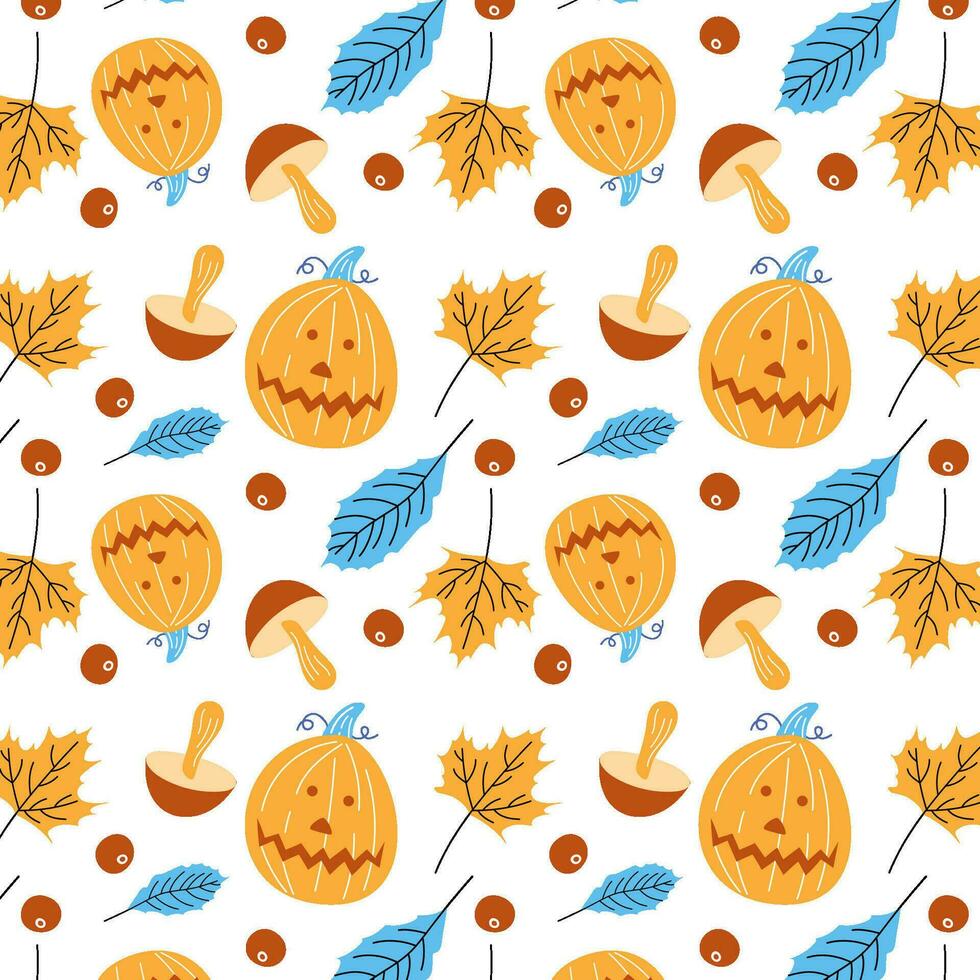 antecedentes para textiles, decorativo elemento para el otoño festival, Víspera de Todos los Santos fiesta. otoño calabaza modelo con hojas y hongos, divertido Víspera de Todos los Santos. vector