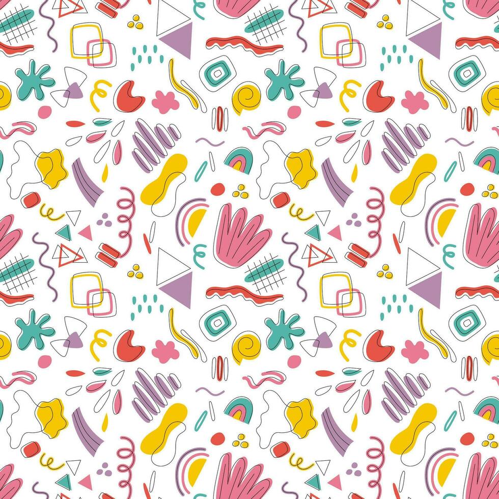Shapes of different shapes and colors for textile designs and decor elements, abstract bright background. Seamless pattern of abstract shapes of different colors on a white background. vector