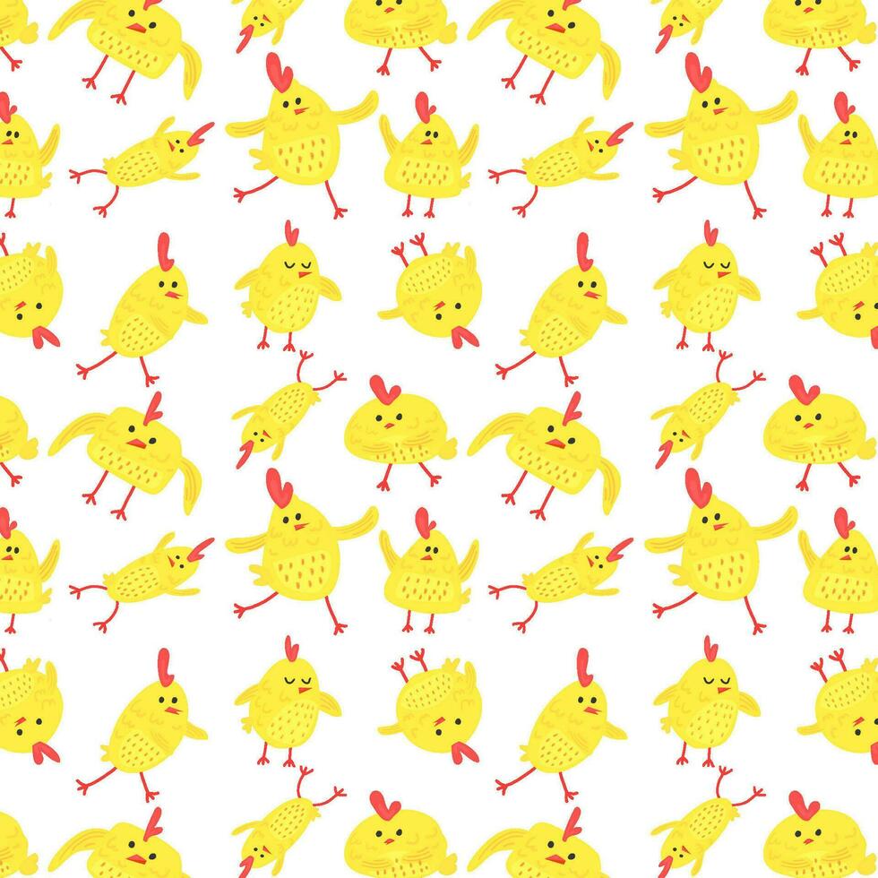 Funny chickens dancing, seamless pattern, background of pretty chickens. Pattern of cute yellow chickens, animals in different poses. vector
