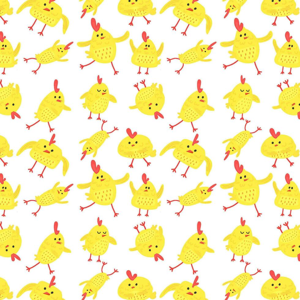 gracioso pollos baile, sin costura patrón, antecedentes de bonito pollos modelo de linda amarillo pollos, animales en diferente posa vector