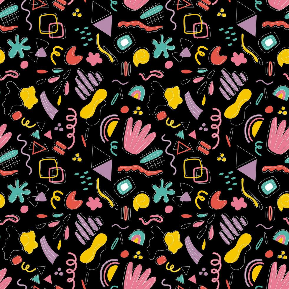 Shapes of different shapes and colors for textile designs and decor elements, abstract bright background. Seamless pattern of abstract shapes of different colors on a black background. vector