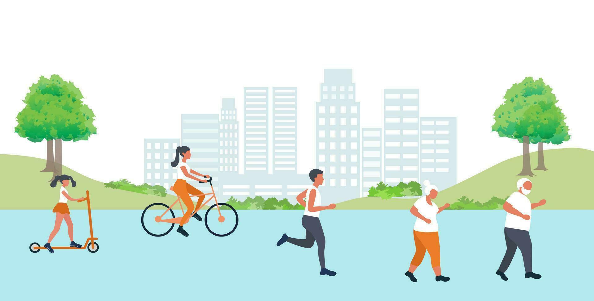 Family exercise in park vector illustration. Healthy lifestyle