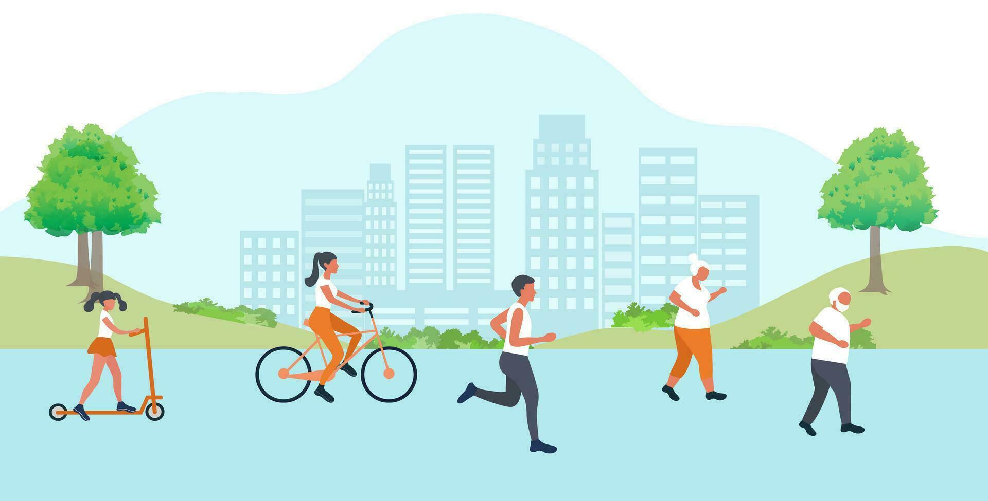 contento familia deporte actividad, madre, padre y niños corriendo en el parque. familia ajuste ejercicio, sano estilo de vida concepto vector ilustración