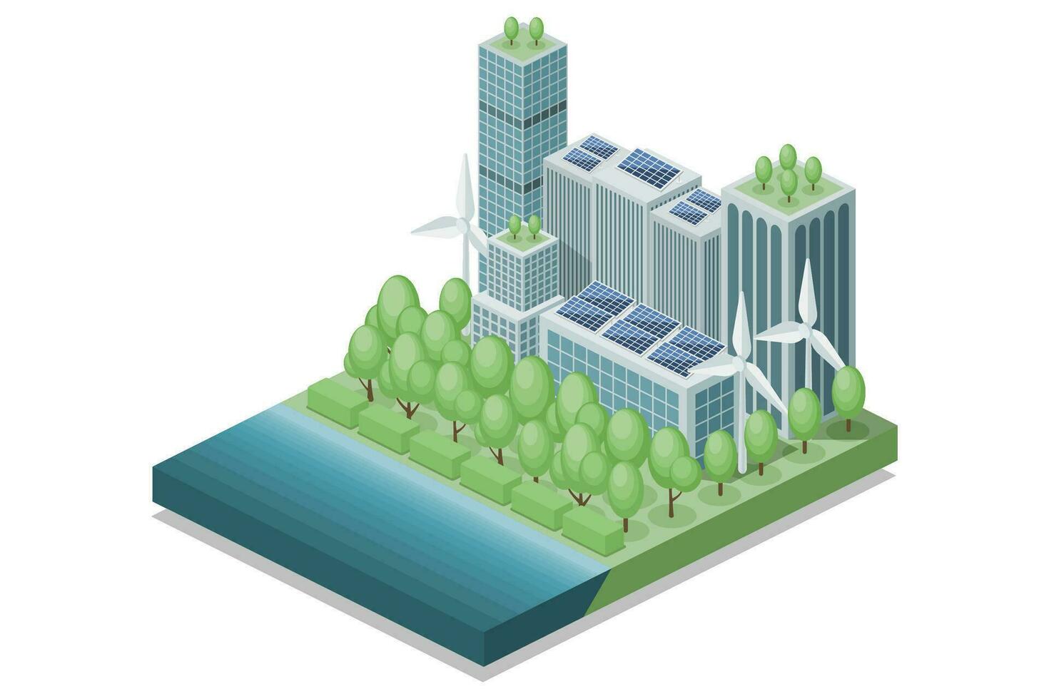 isométrica verde sostenible ciudad. urbano bosque, verde edificio incluido arquitectura, verde techo, solar celúla, árboles, molino, río. plano ilustración vector aislado en blanco antecedentes