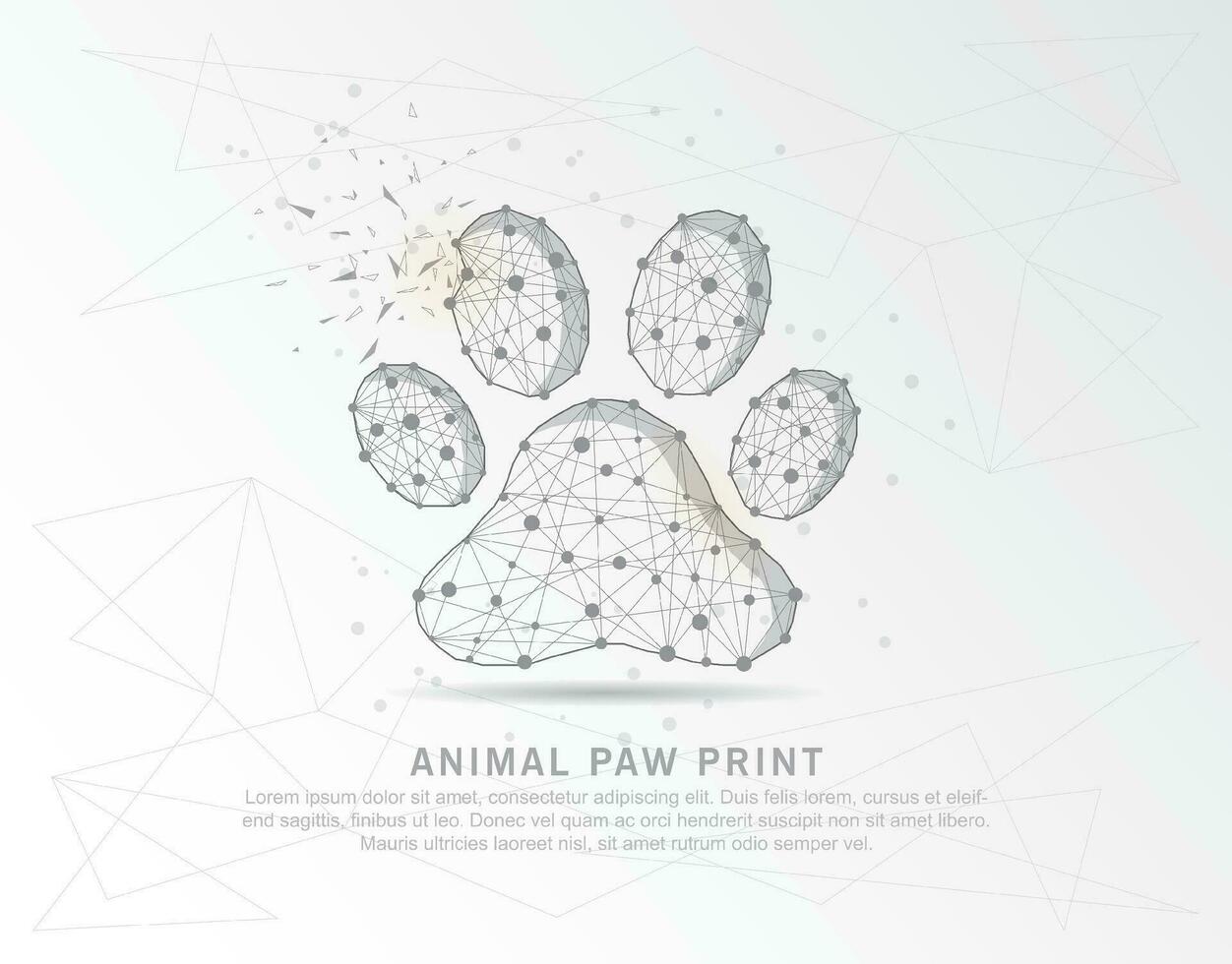 Animal paw print, abstract mash line and composition digitally drawn in the form of broken a part triangle shape and scattered dots vector