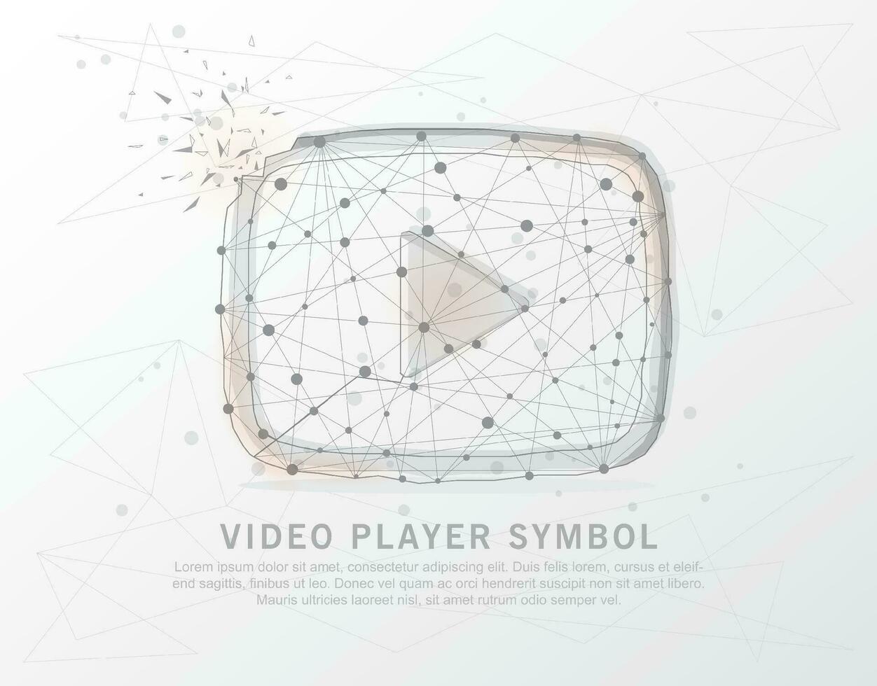 Play icon shape point, line and composition digitally drawn in the form of broken a part triangle shape and scattered dots low poly wire frame. vector
