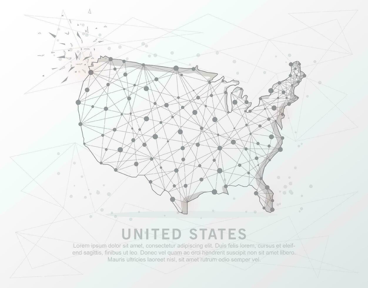 USA map mark point, abstract mesh line and composition digitally drawn starry sky or space in the form of broken a part triangle shape and scattered dots. vector
