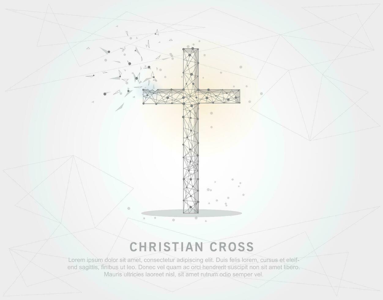 Christian cross abstract mesh line and composition digitally drawn starry sky or space in the form of broken a part triangle shape and scattered dots. vector