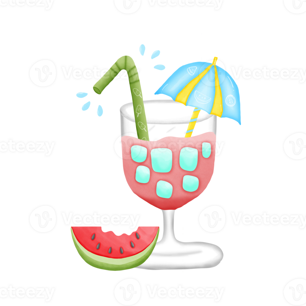Watermelon juice with a blue umbrella with yellow stripes and green drinking straw isolated on transparent background png