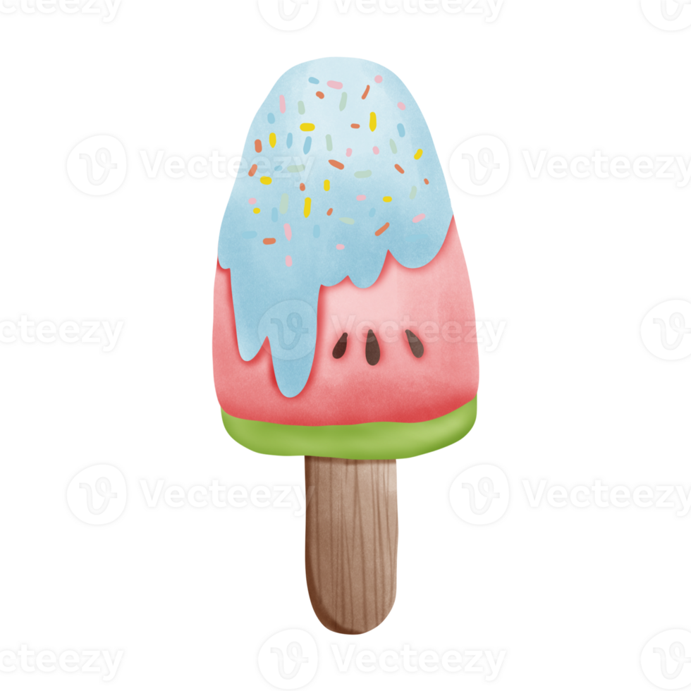Watermelon ice cream sticks with blue chocolate and colorful icing isolated on transparent background png