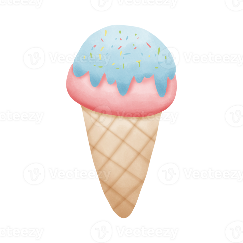 Watermelon ice cream cone with blue chocolate and colorful icing isolated on transparent background png