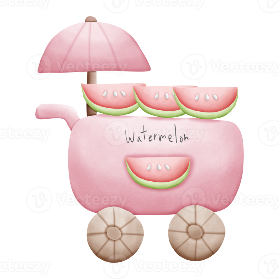 Cartoon pink cart selling ice cream and watermelon isolated on transparent background png