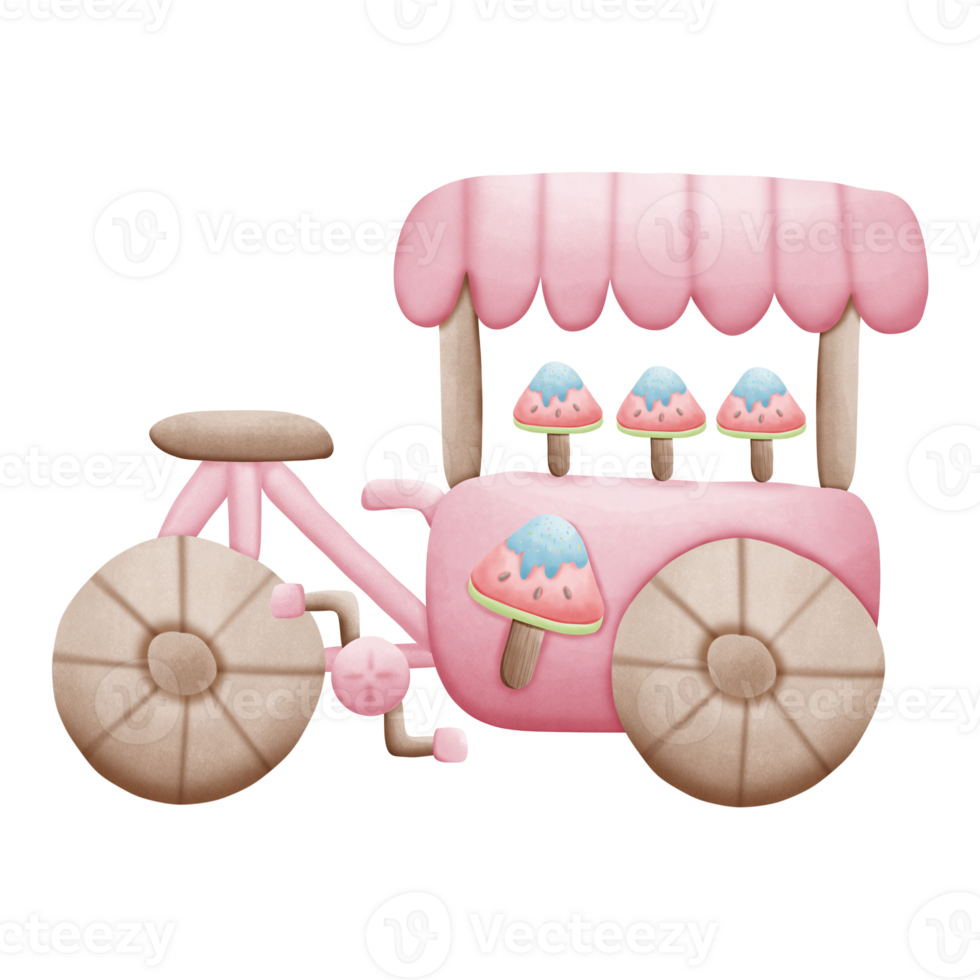 Cartoon pink cart selling ice cream and watermelon isolated on transparent background png