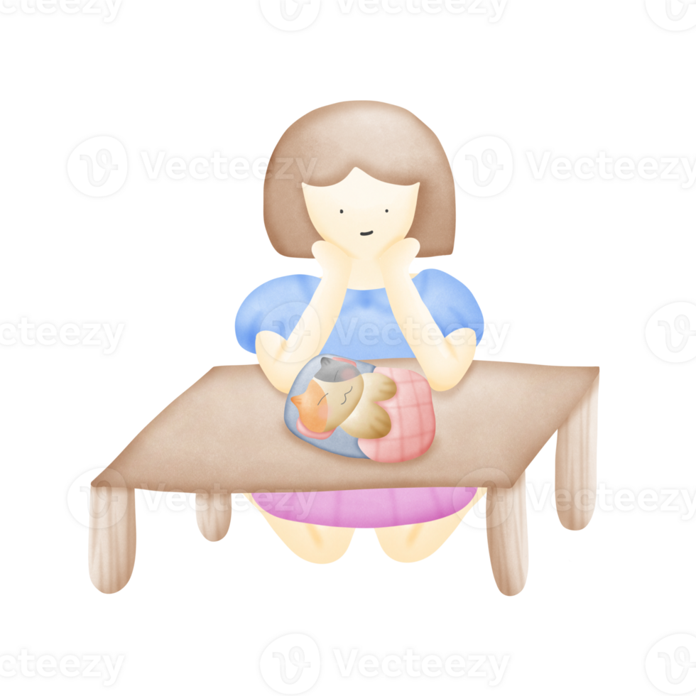a cartoon girl sitting at a table and looking a cat sleeping on the table isolated on transparent background png