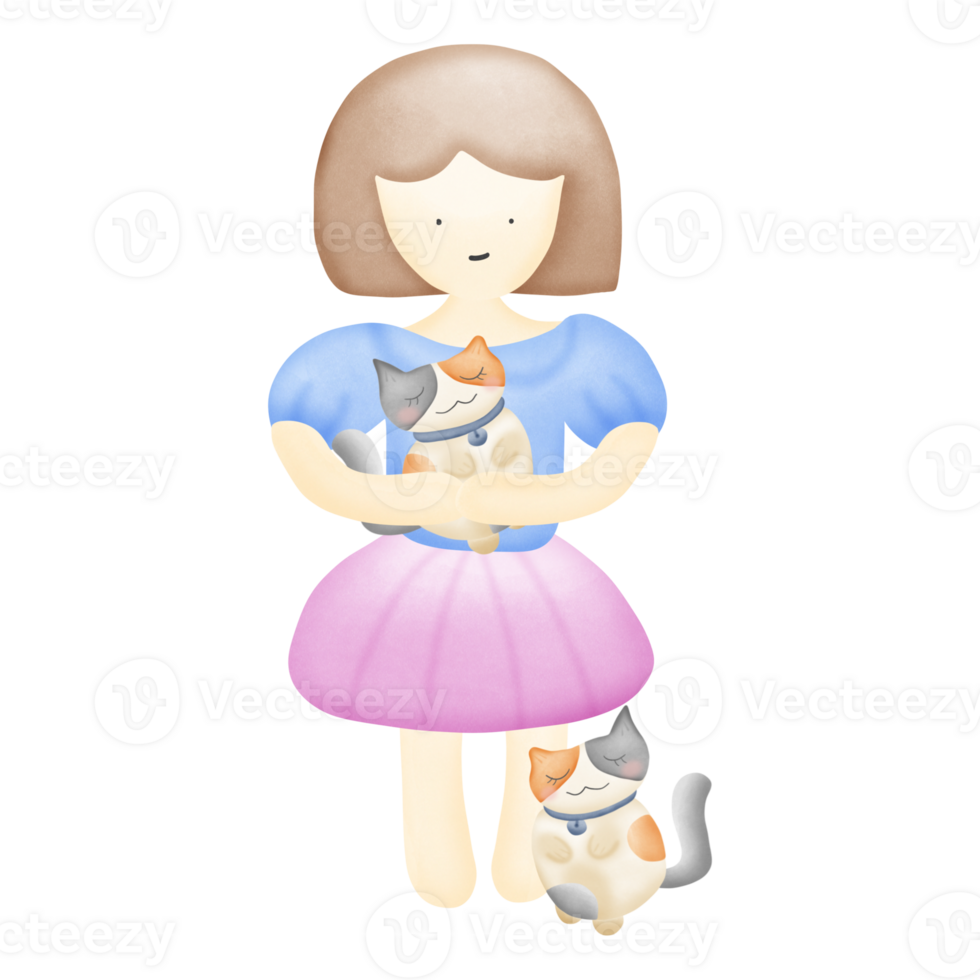 a cartoon girl  stand holding a cat isolated on transparent background png