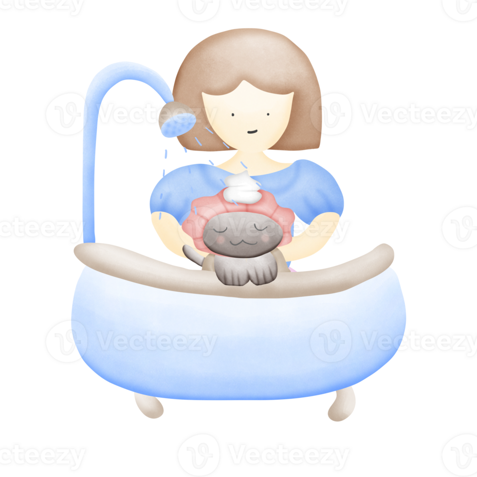 a cartoon girl taking a bath with a cat isolated on transparent background png