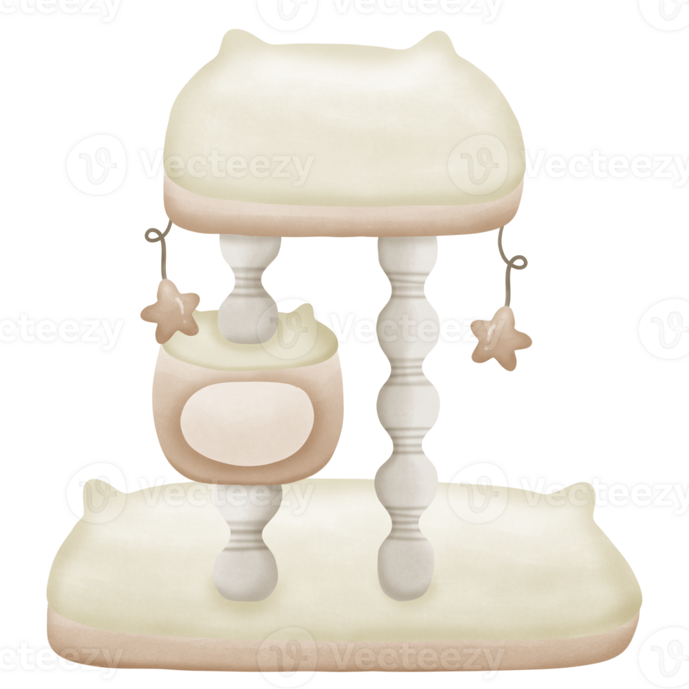 White cat tree with brown cat scratcher and cat house in it with toys isolated on transparent background png