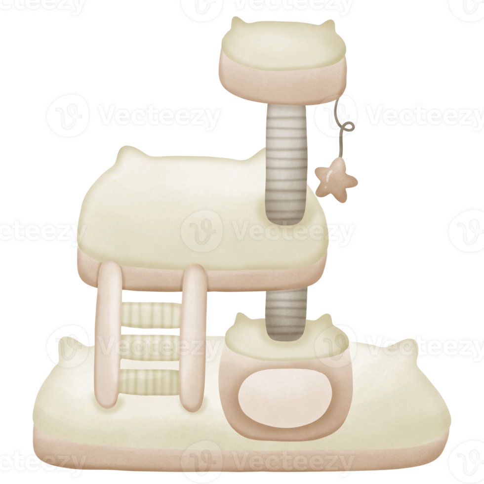 White cat tree with brown cat scratcher and cat house in it with toys