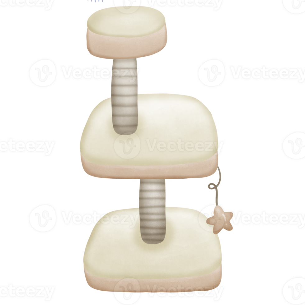 Weiß Katze Baum mit braun Katze Kratzer und Katze Haus im es mit Spielzeuge isoliert auf transparent Hintergrund png