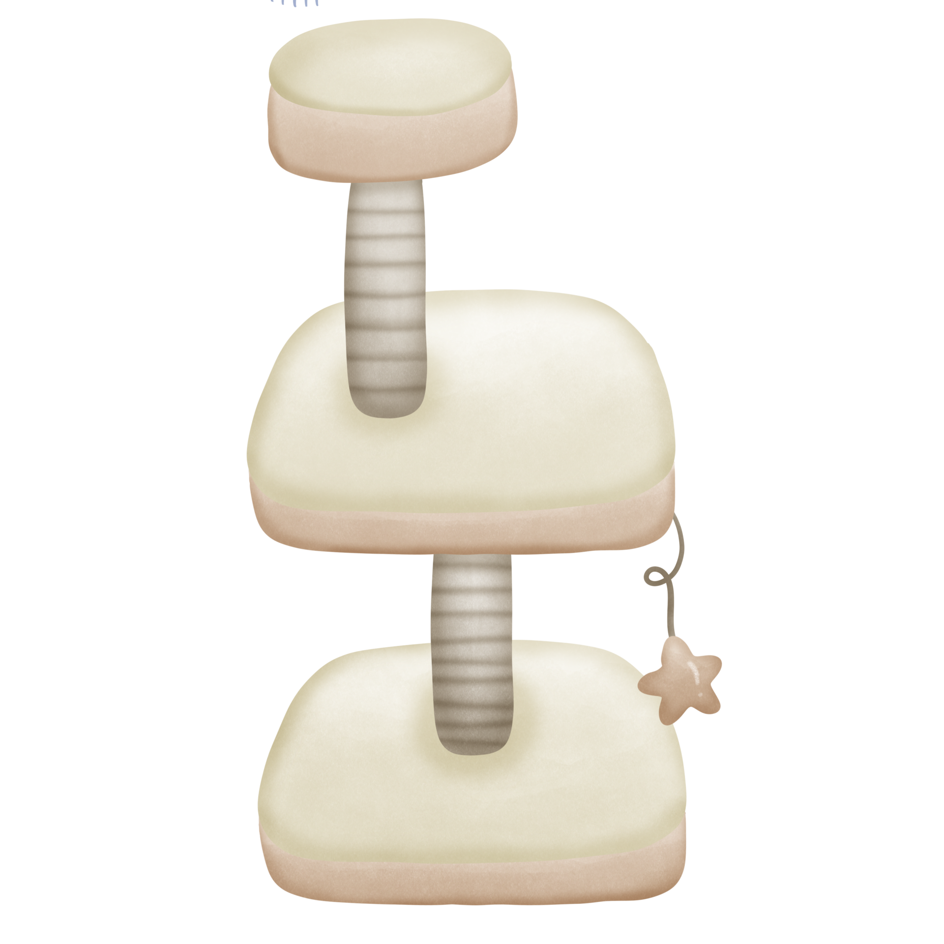 White cat tree with brown cat scratcher and cat house in it with toys