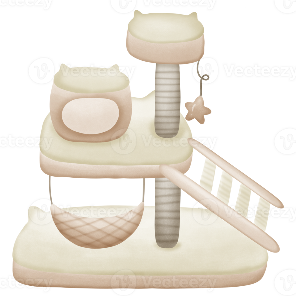 White cat tree with brown cat scratcher and cat house in it with toys isolated on transparent background png