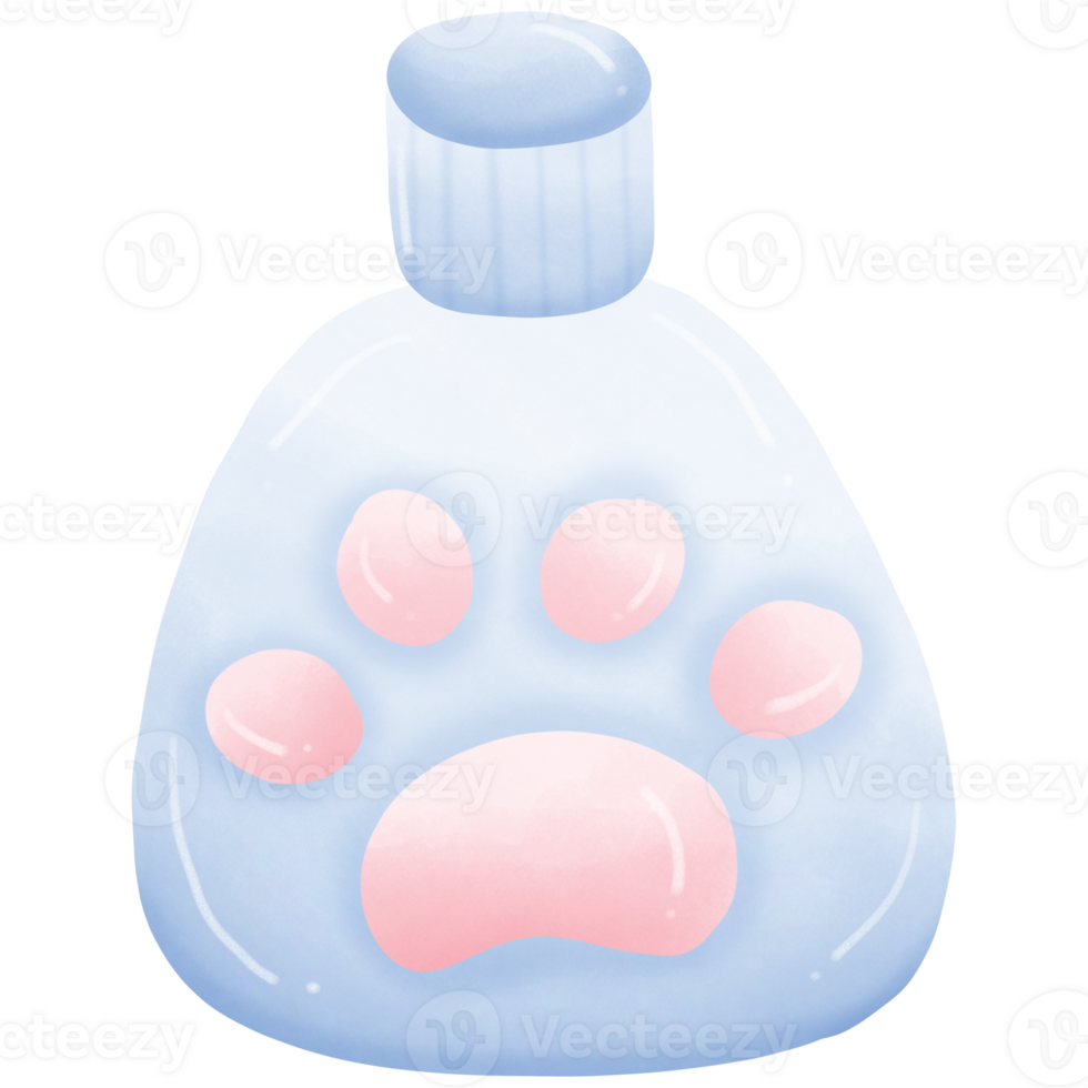 Blue cat shampoo bottle with pink paw print isolated on transparent background png