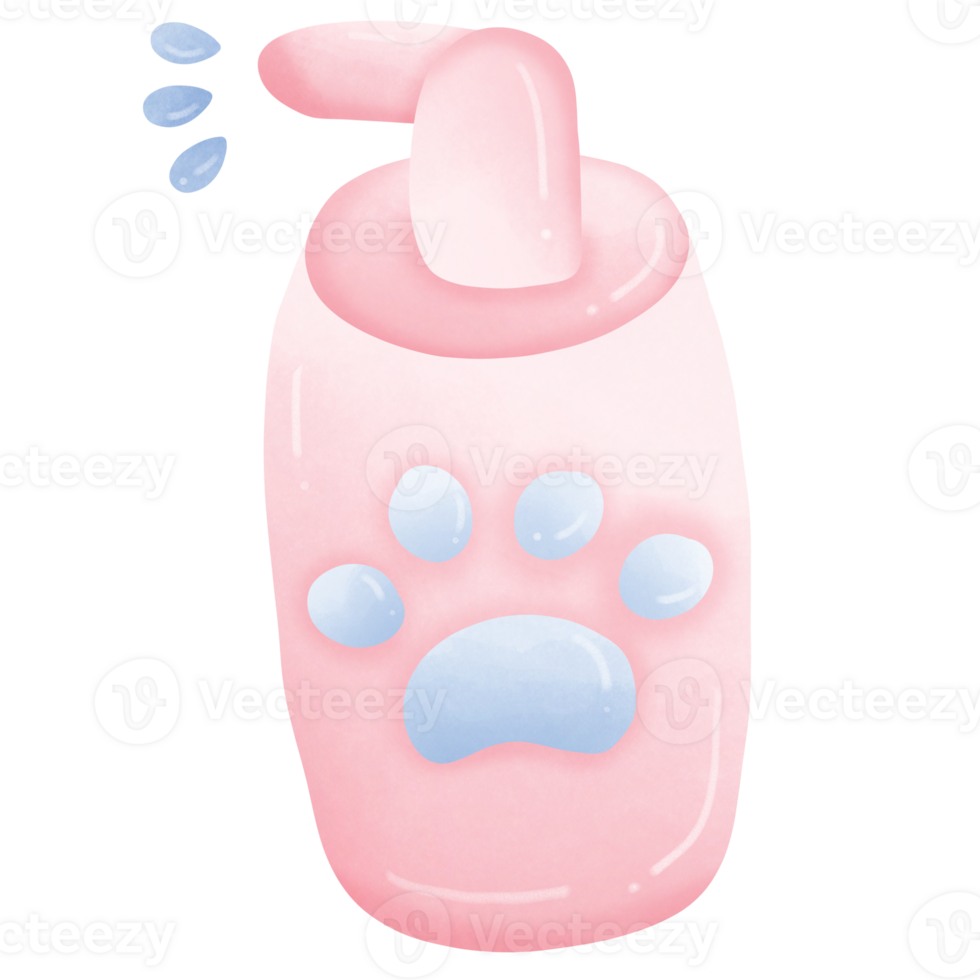 Pink cat shampoo bottle with blue paw print isolated on transparent background png