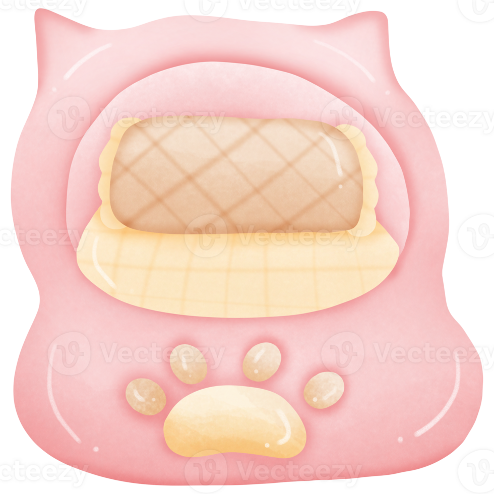 Pink cat house and bed with pillows in it with cat pow on it isolated on transparent background png