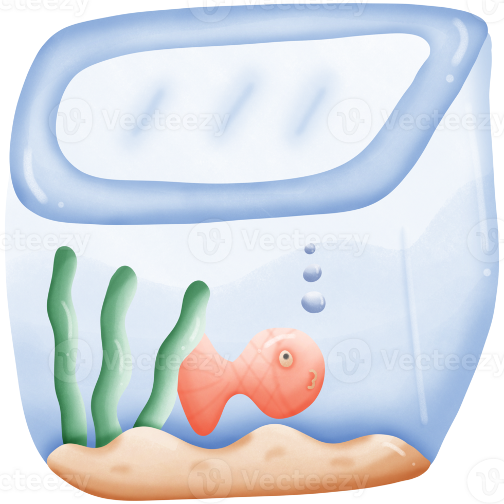 Goldfish in square aquarium with plants and water isolated on transparent background png