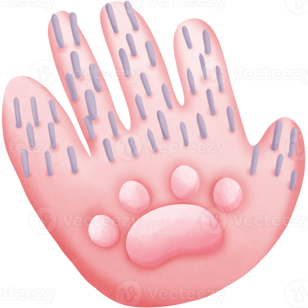 Pink cat hair cleaning gloves and cat footprints isolated on transparent background png