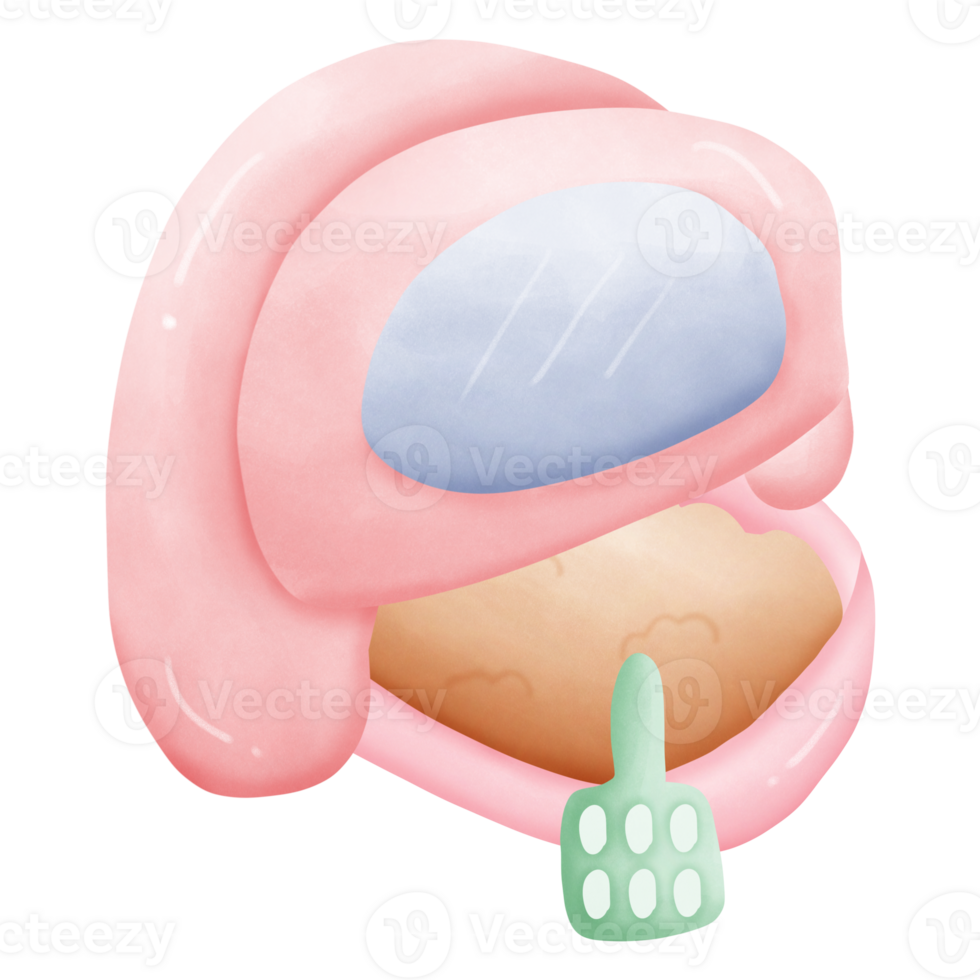 The pink cat toilet has a covered top with sand and a green scoop isolated on transparent background png