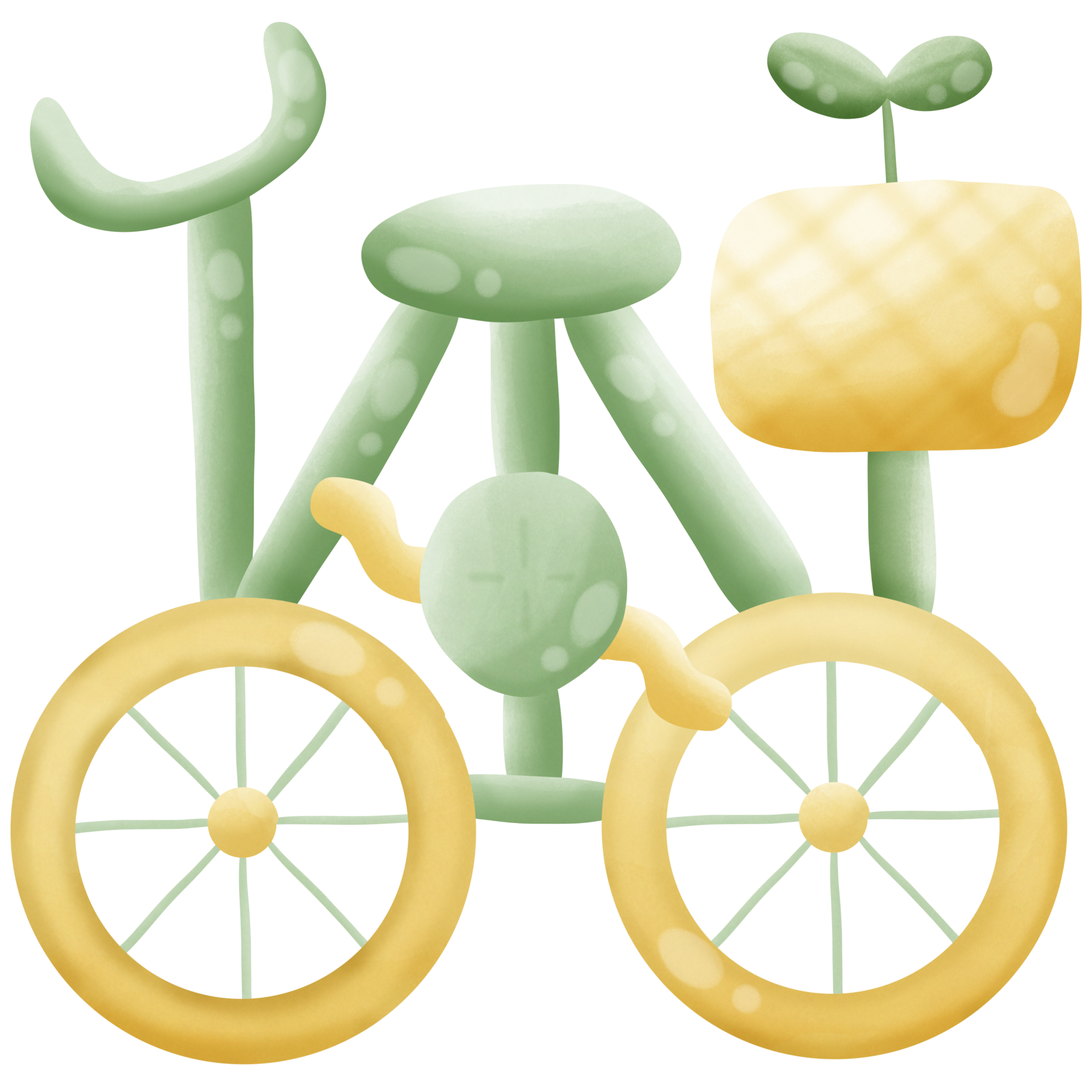 Green eco bicycle with yellow wheels with plants in basket Green