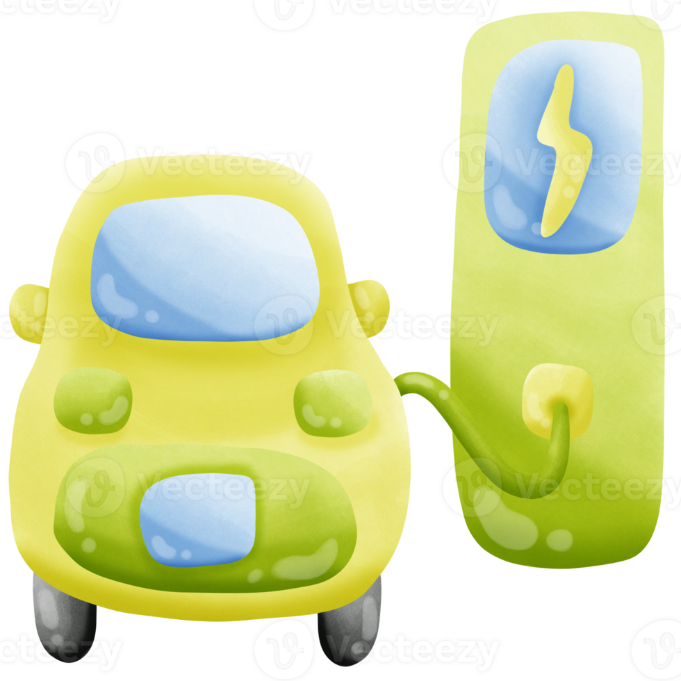Green electric vehicles car charging with green charge station isolated on transparent background png