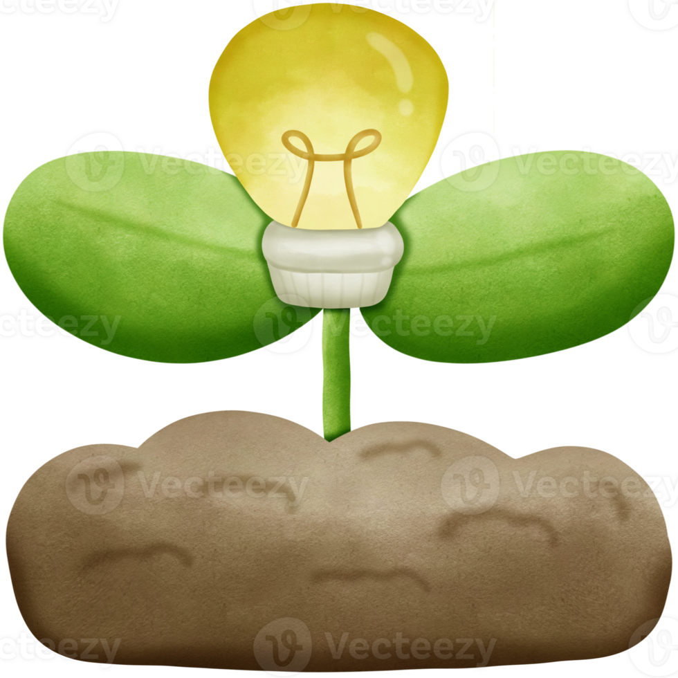 Light bulb and plants grow out of the soil isolated on transparent