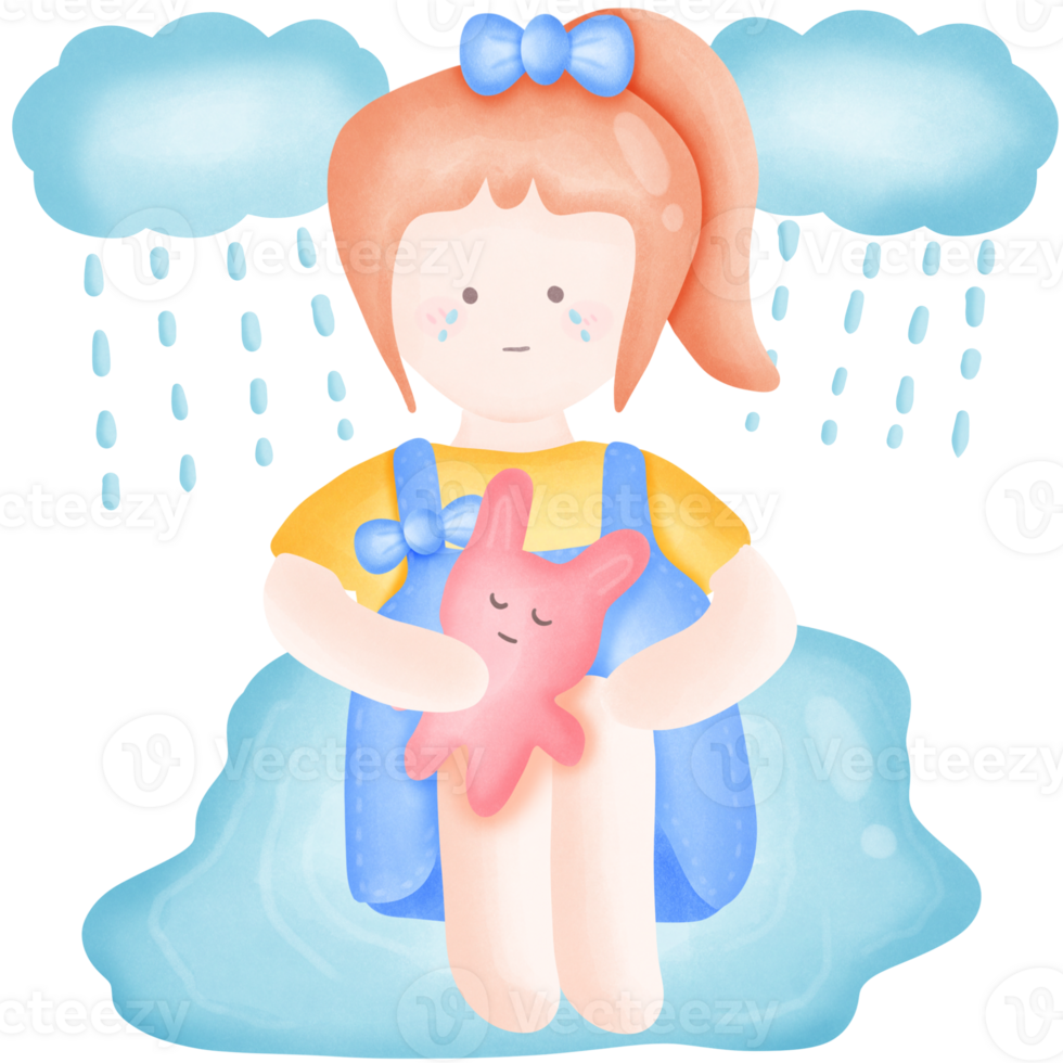 a cartoon girl holding pink rabbit doll and crying in the rain  isolated on transparent background png