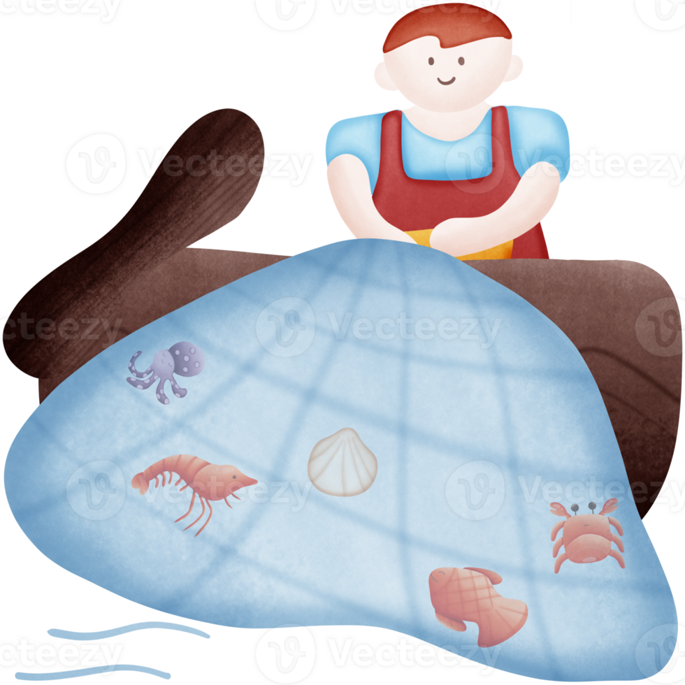 A fishermen is catching fish by casting a net on a boat isolated on transparent background png