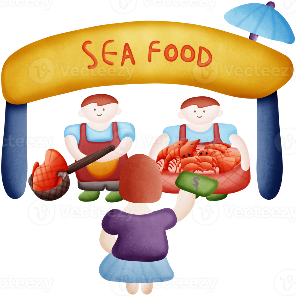 cartoon sea food market with people isolated on transparent background png