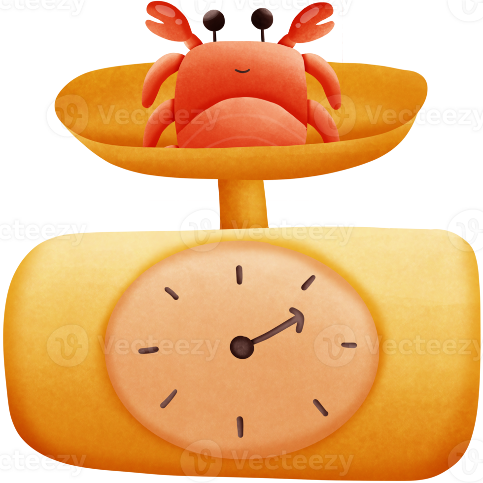 a cartoon crab on a scale isolated on transparent background png