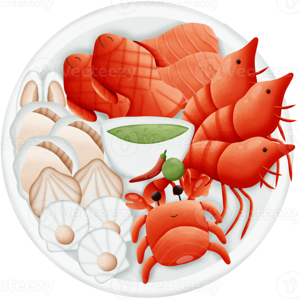 a seafood on a plate with shrimp crab fish shellfish salmon and seafood  sauce isolated on transparent background 27129224 PNG