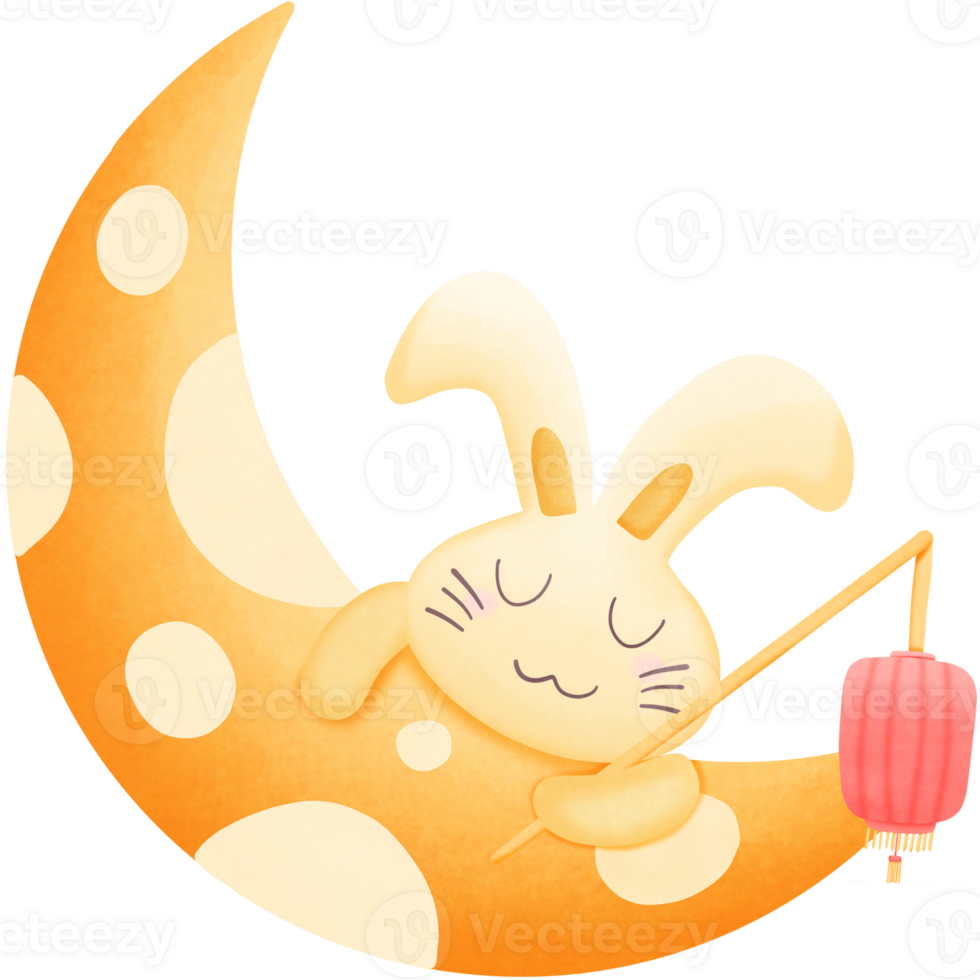 a cartoon rabbit holding lantern and sleeping on the moon isolated on transparent background png