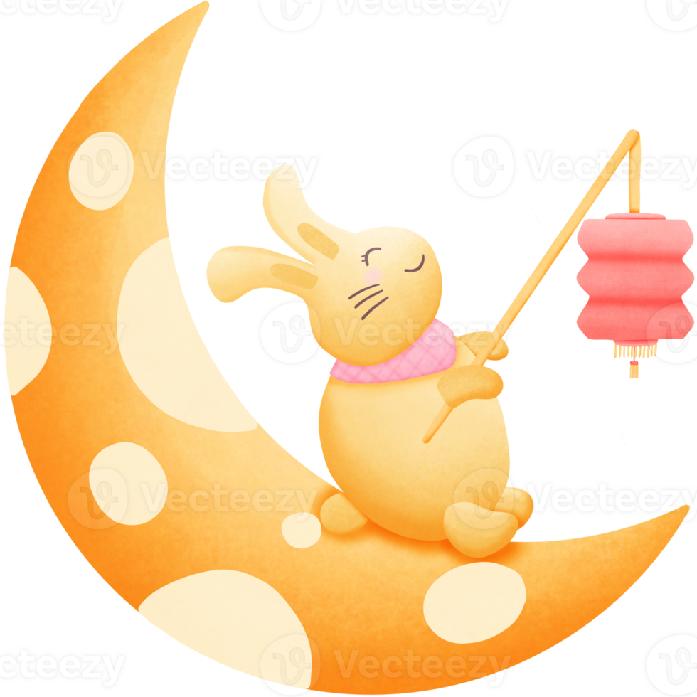 a cartoon rabbit holding lantern and sitting on the moon isolated on transparent background png